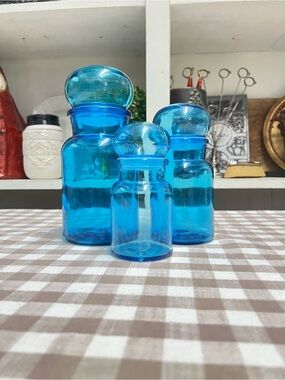Vintage Belgium blue jars apothecary canisters retro grandma storage mid century
